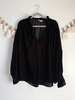 Finley Crosby Flounce Trim Velvet Poplin Long Sleeve Black Top Modest Whimsigoth